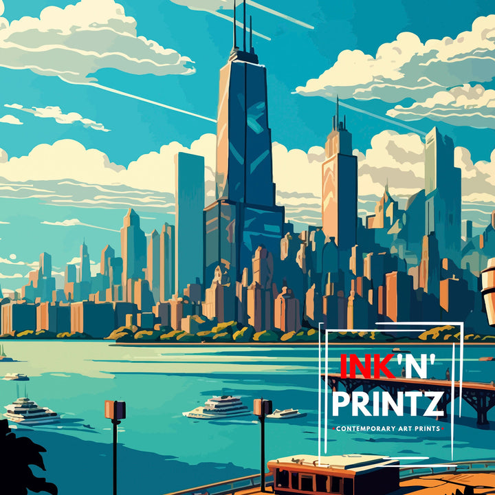 Chicago Travel Poster Chicago Wall Art Chicago Skyline Decor Illinois Travel Poster Chicago Cityscape Art Chicago Gift Chicago Home Decor