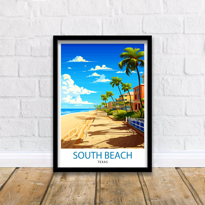 South Beach Texas Travel Poster Texas Wall Decor South Beach Poster Coastal Travel Posters Texas Art Poster South Beach Illustration