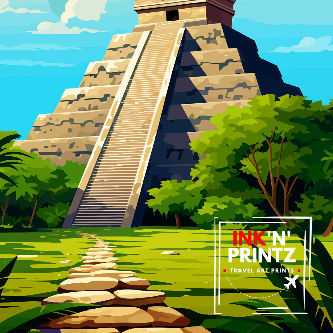 Chichen Itza Travel Poster - Mayan Ruins Wall Art - Chichen Itza Poster - Mexico Travel Posters - Chichen Itza Art Poster