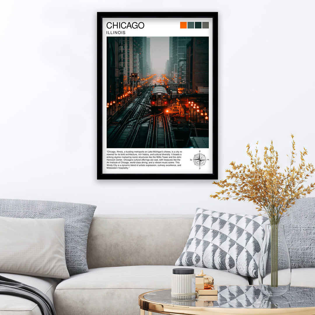 Chicago Travel Poster Chicago Wall Art Chicago Skyline Decor Illinois Travel Poster Chicago Cityscape Art Chicago Gift Chicago Home Decor