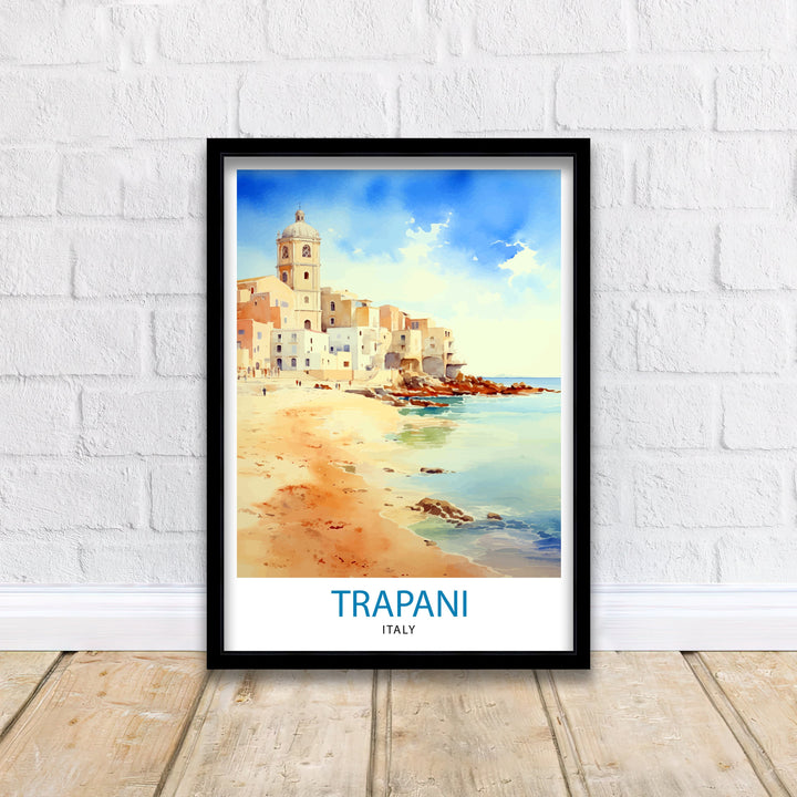 Trapani Italy Art Poster Coastal Sicilian City Poster Trapani Beach Wall Art Italian Seaside Decor Travel to Trapani Illustration