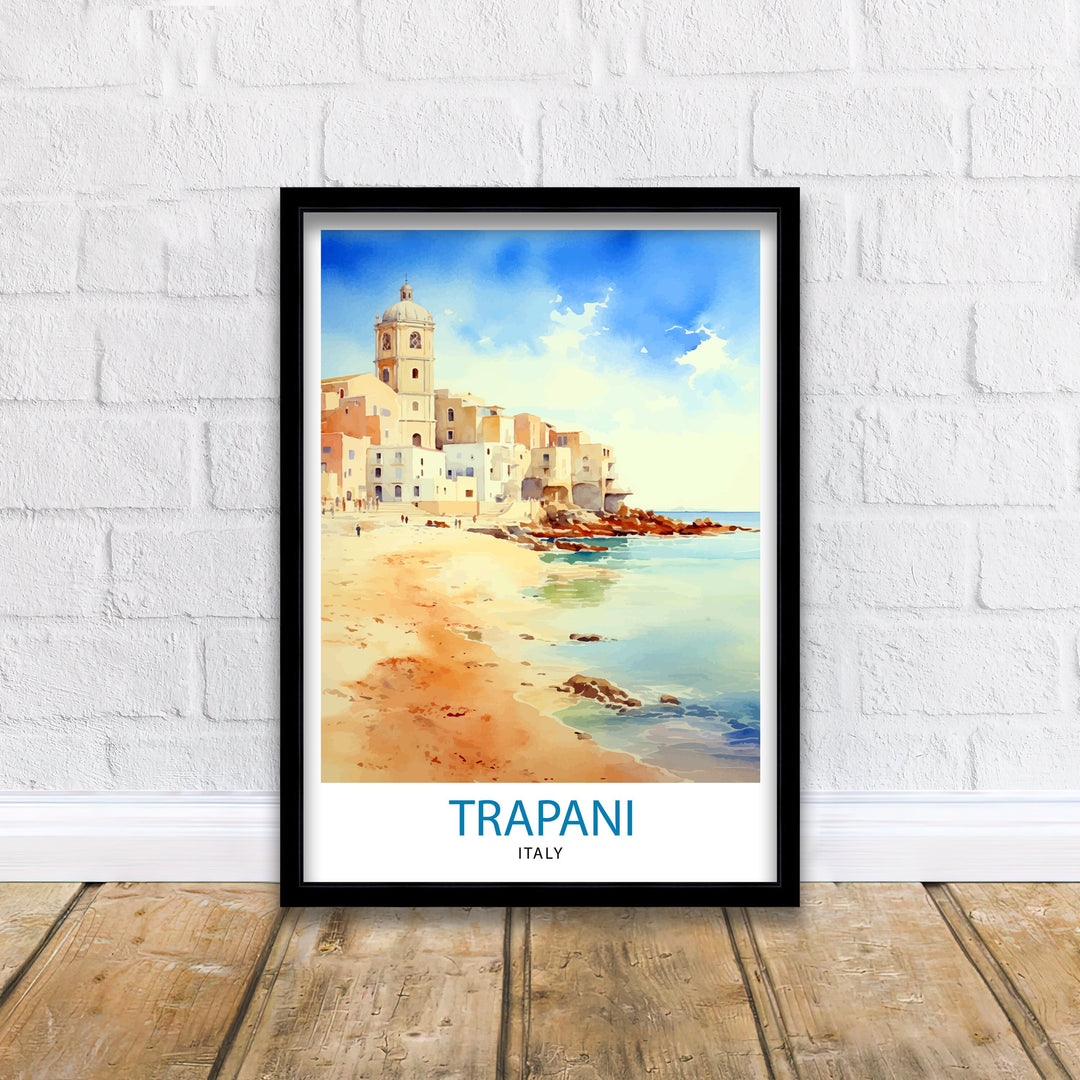 Trapani Italy Art Poster Coastal Sicilian City Poster Trapani Beach Wall Art Italian Seaside Decor Travel to Trapani Illustration