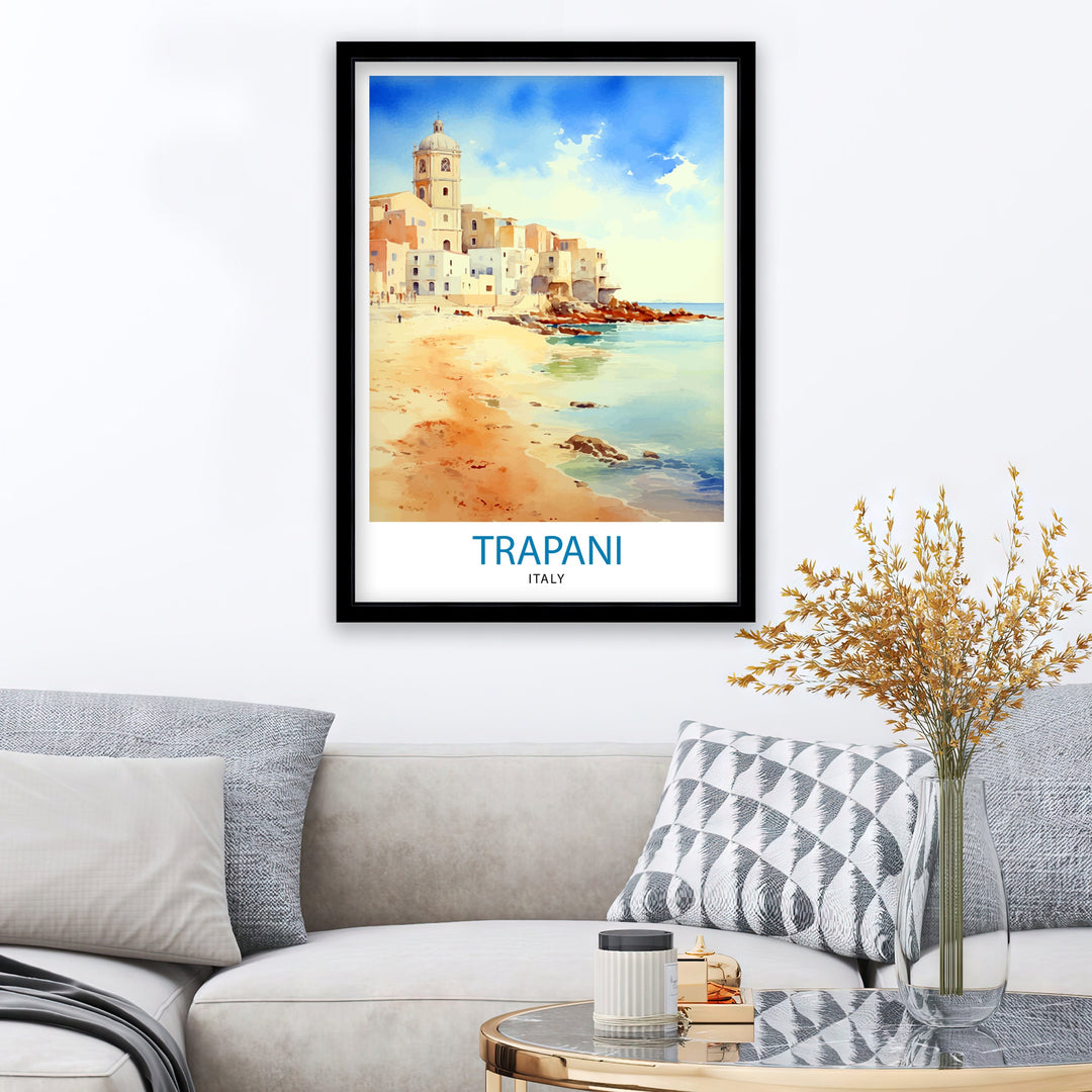 Trapani Italy Art Poster Coastal Sicilian City Poster Trapani Beach Wall Art Italian Seaside Decor Travel to Trapani Illustration