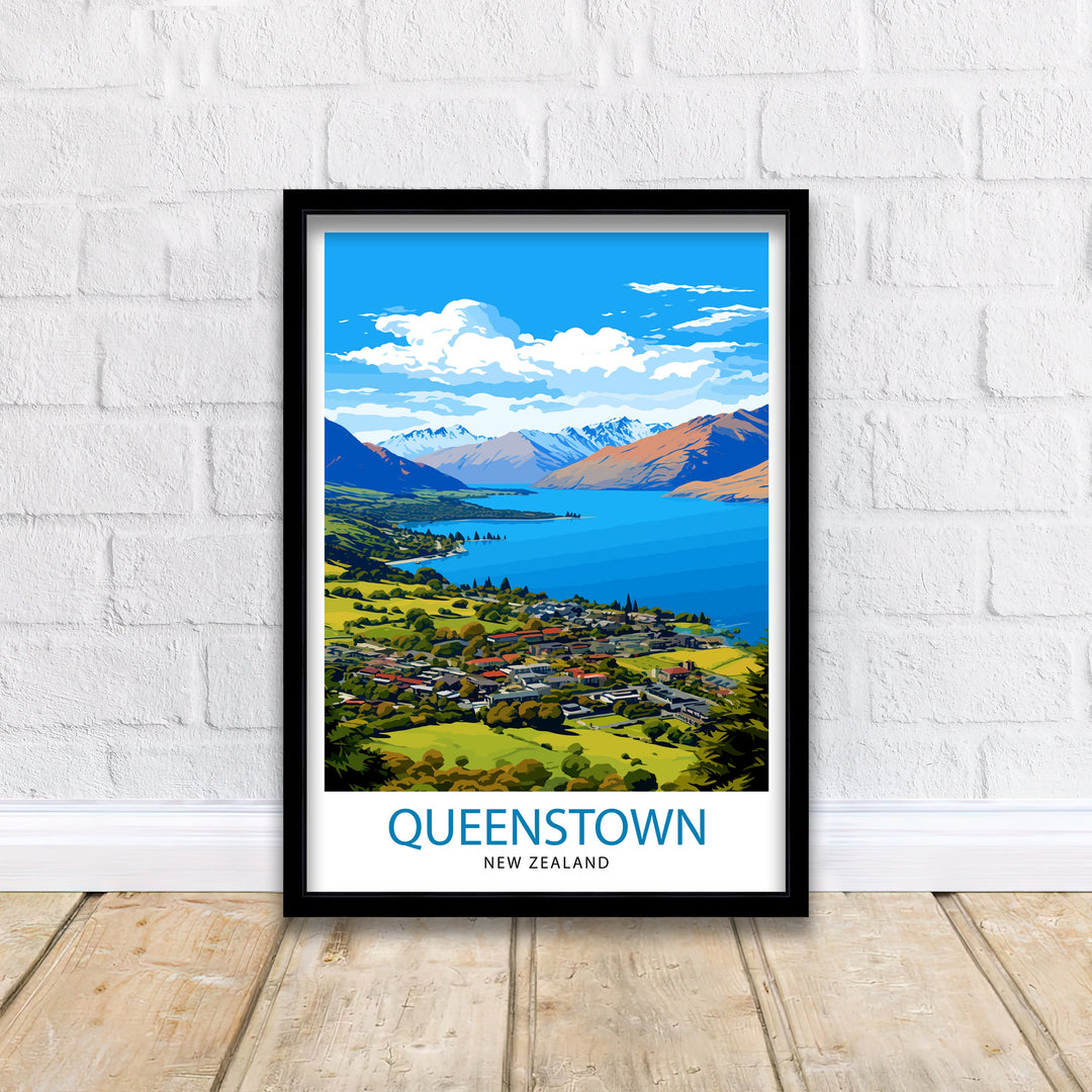 Queenstown New Zealand Poster Adventure Capital Poster Lake Wakatipu Wall Art Remarkables Mountain Decor Kiwi Travel Illustration Outdoor