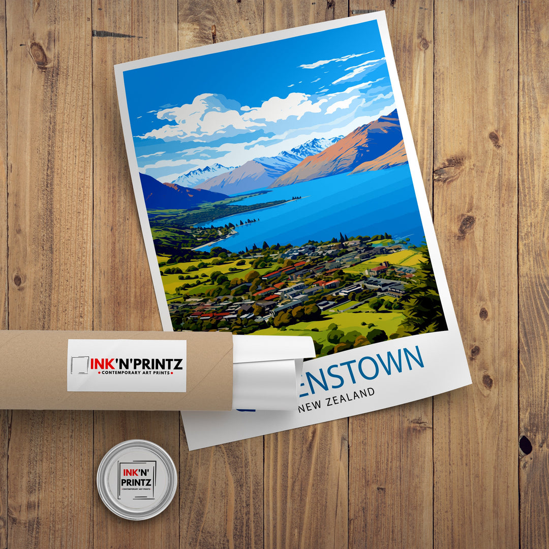 Queenstown New Zealand Poster Adventure Capital Poster Lake Wakatipu Wall Art Remarkables Mountain Decor Kiwi Travel Illustration Outdoor