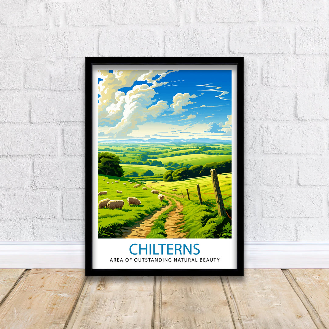 Chilterns AONB Print English Countryside Art Chilterns Landscape Poster UK Nature Reserve Wall Decor Hiking Trails Illustration British