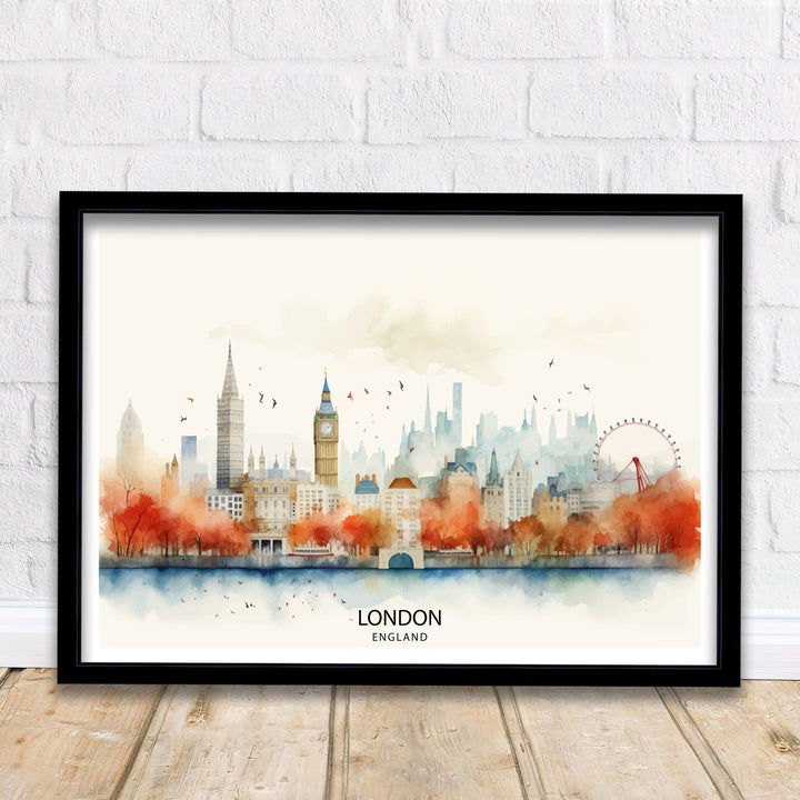 London Skyline Print Iconic Cityscape Art London Landmarks Poster England Capital Wall Decor Thames River View Illustration Urban Metropolis