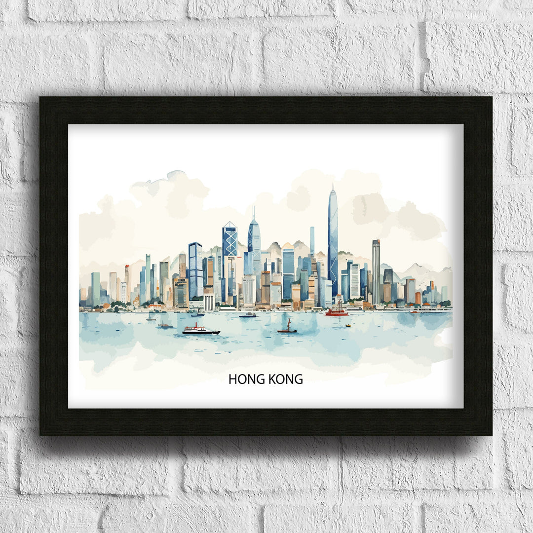 Hong Kong Skyline Print Iconic Cityscape Art Victoria Harbour Poster Hong Kong Wall Decor Asian Metropolis Illustration Urban Landscape