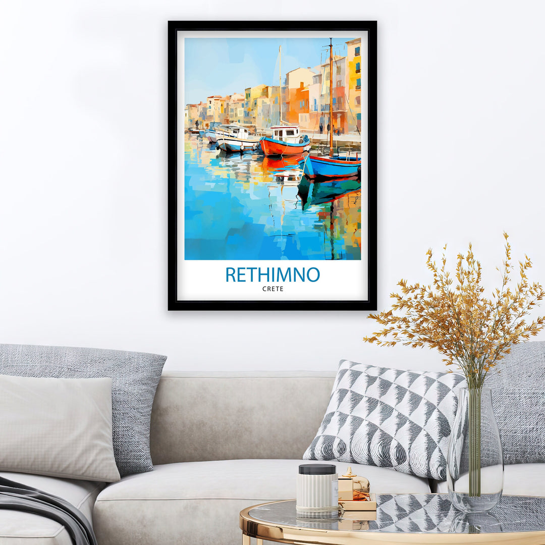 Rethymno Crete Poster Greek Island Art Venetian Harbor Poster Mediterranean Landscape Wall Decor Crete Town Illustration Greek Culture