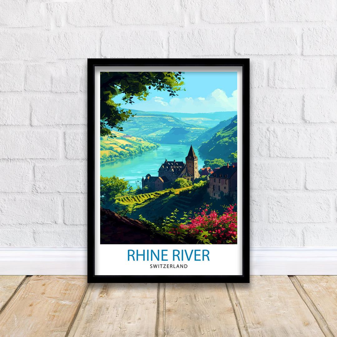 Rhine River Switzerland Poster Scenic Swiss Landscape Art River Valley Poster Swiss Alps Wall Decor Alpine River Illustration Nature Travel