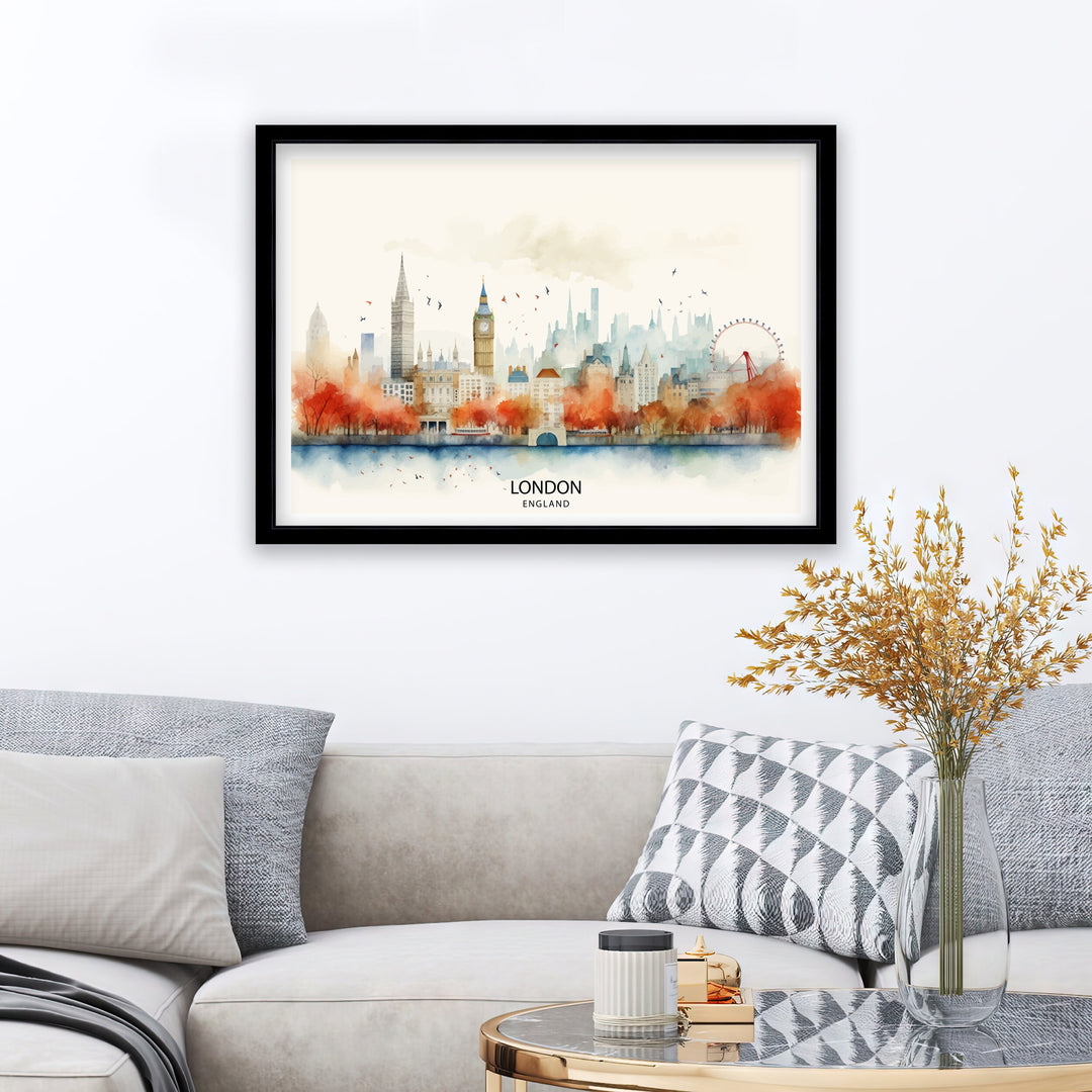 London Skyline Print Iconic Cityscape Art London Landmarks Poster England Capital Wall Decor Thames River View Illustration Urban Metropolis