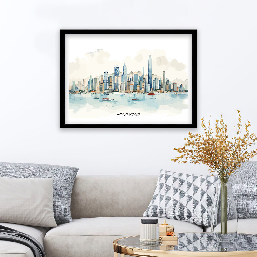 Hong Kong Skyline Print Iconic Cityscape Art Victoria Harbour Poster Hong Kong Wall Decor Asian Metropolis Illustration Urban Landscape