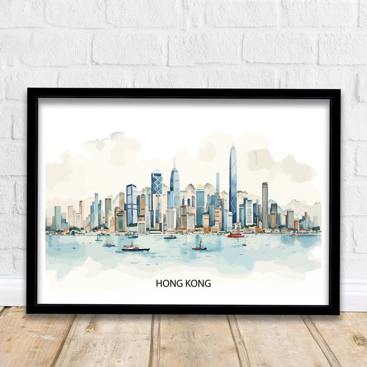 Hong Kong Skyline Print Iconic Cityscape Art Victoria Harbour Poster Hong Kong Wall Decor Asian Metropolis Illustration Urban Landscape