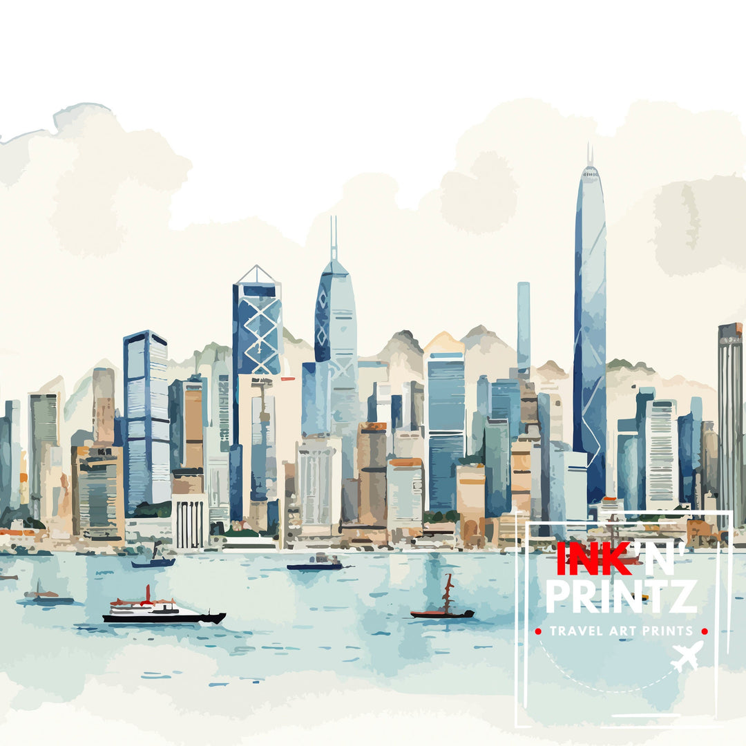 Hong Kong Skyline Print Iconic Cityscape Art Victoria Harbour Poster Hong Kong Wall Decor Asian Metropolis Illustration Urban Landscape