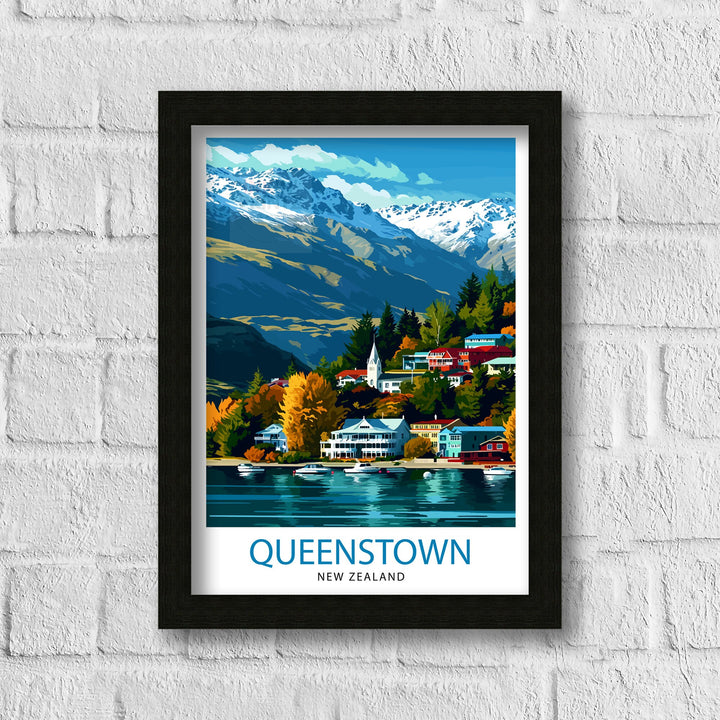 Queenstown New Zealand Print Adventure Capital Poster Lake Wakatipu Wall Art Remarkables Mountain Decor Kiwi Travel Illustration Outdoor