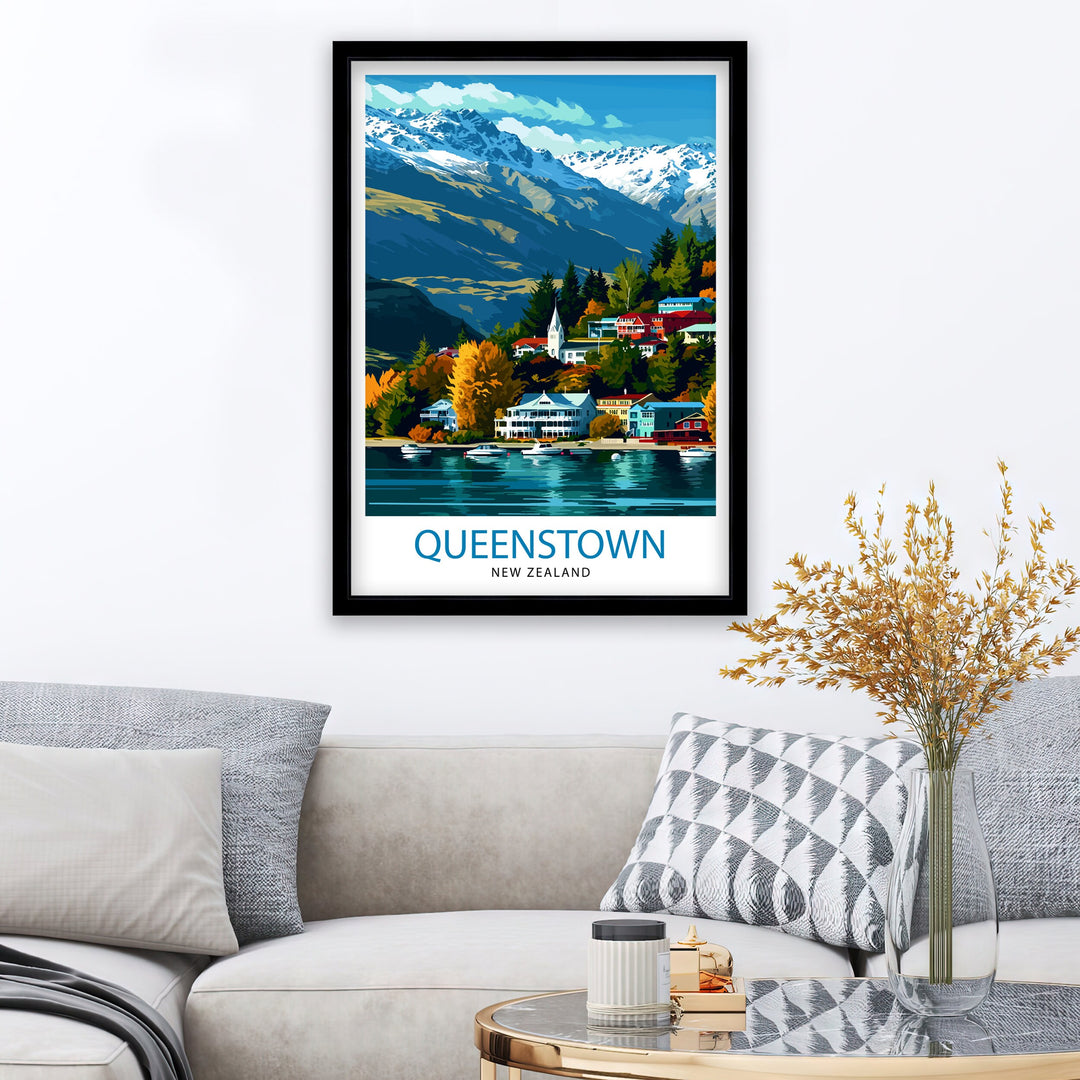 Queenstown New Zealand Print Adventure Capital Poster Lake Wakatipu Wall Art Remarkables Mountain Decor Kiwi Travel Illustration Outdoor