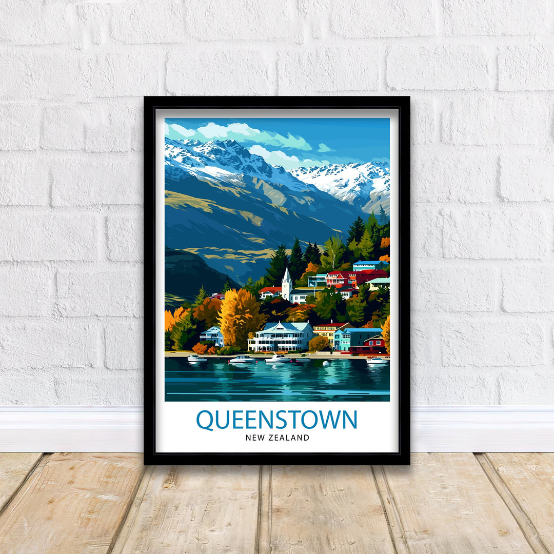 Queenstown New Zealand Print Adventure Capital Poster Lake Wakatipu Wall Art Remarkables Mountain Decor Kiwi Travel Illustration Outdoor