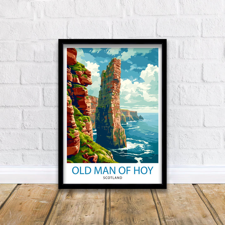 Old Man of Hoy Scotland Poster Iconic Sea Stack Art Orkney Islands Poster Scottish Coastline Wall Decor Natural Landmark Illustration UK