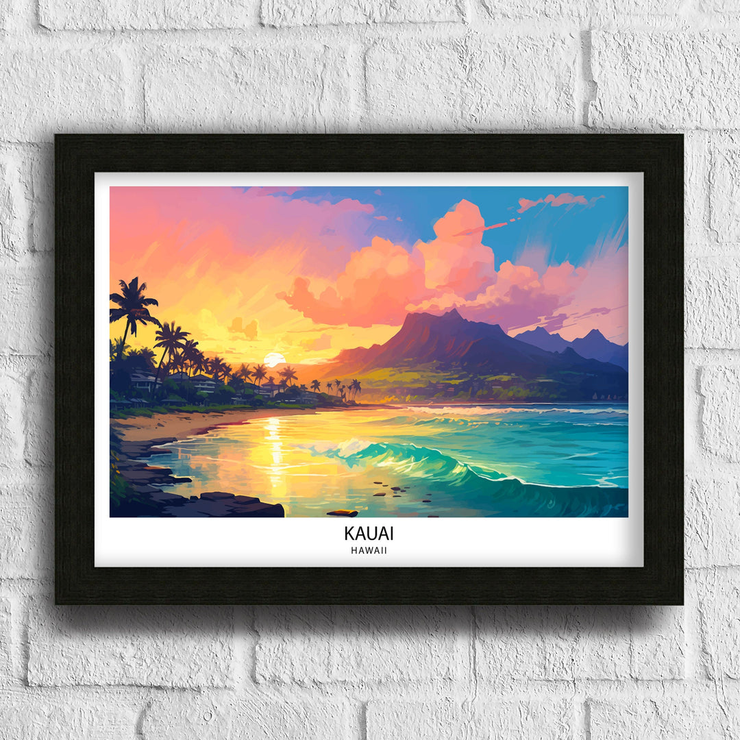 Kauai Hawaii Print Tropical Island Art Garden Isle Poster Hawaiian Paradise Wall Decor Kauai Landscape Illustration Pacific Ocean Scenery