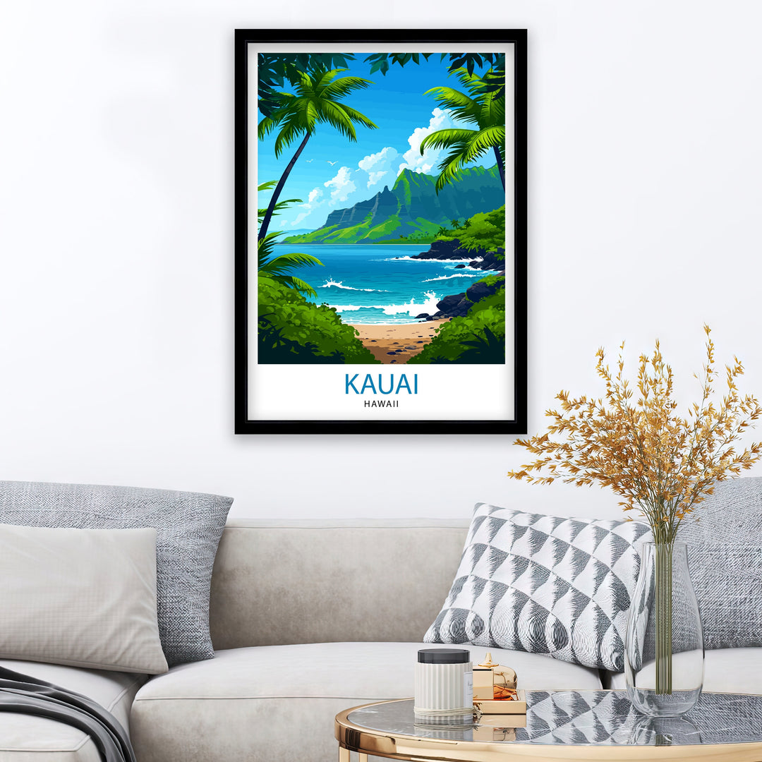 Kauai Hawaii Print Tropical Island Art Garden Isle Poster Hawaiian Paradise Wall Decor Kauai Landscape Illustration Pacific Ocean Scenery