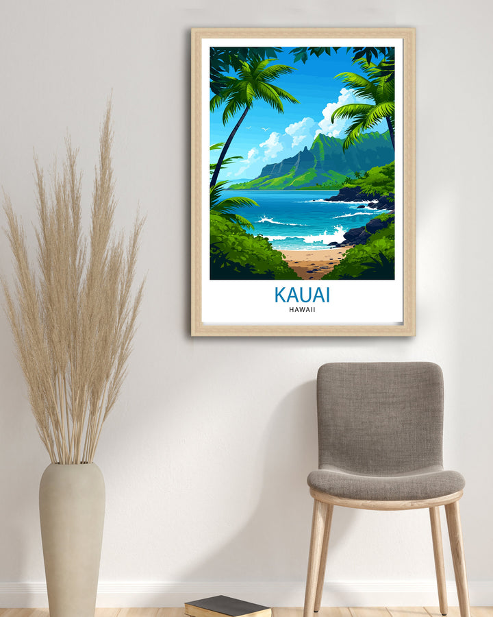 Kauai Hawaii Print Tropical Island Art Garden Isle Poster Hawaiian Paradise Wall Decor Kauai Landscape Illustration Pacific Ocean Scenery