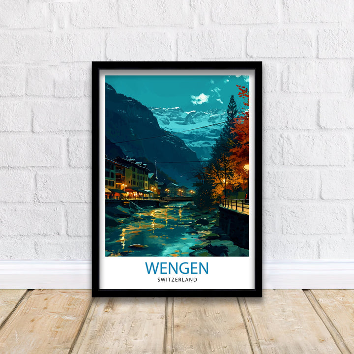 Wengen Switzerland Poster Alpine Village Art Swiss Mountainscape Poster Lauterbrunnen Valley Wall Decor Swiss Alps Illustration