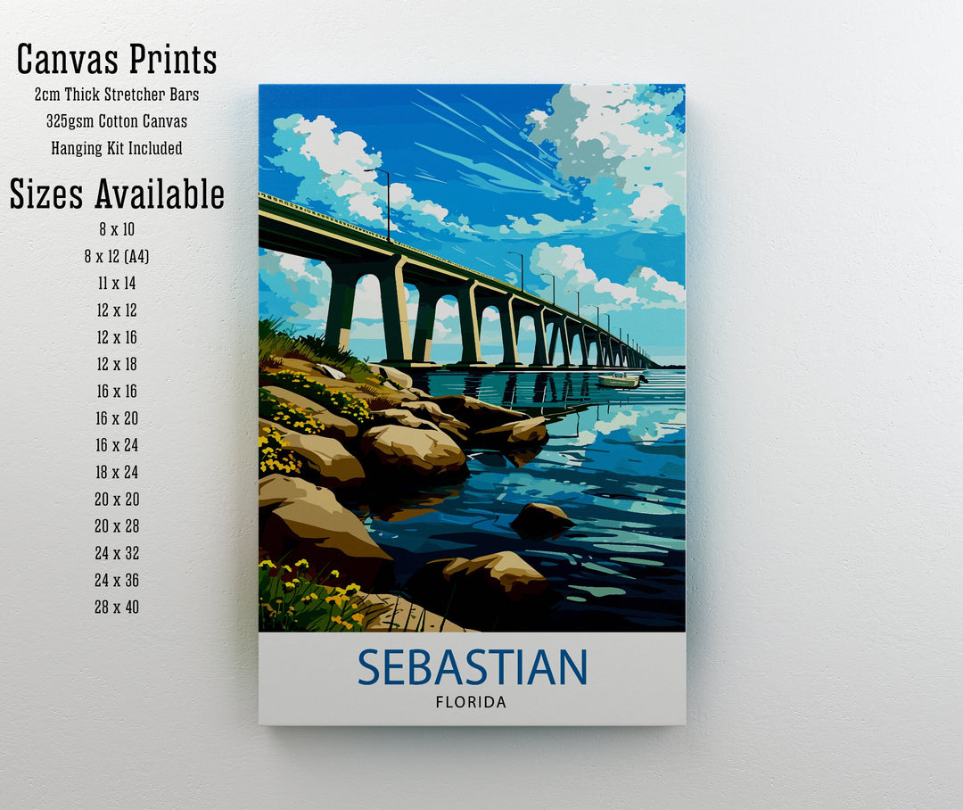 Sebastian Florida Print Coastal Town Art Indian River Lagoon Poster Florida Landscape Wall Decor Sebastian Inlet Illustration Sunshine