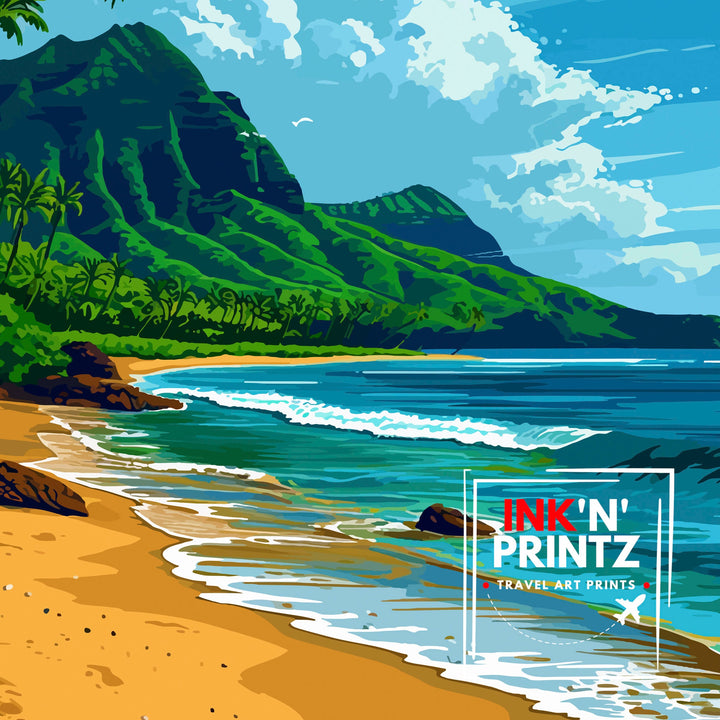 Sandy Beach Oahu Print Hawaiian Shoreline Art Oahu Beach Poster Hawaii Surf Wall Decor Pacific Ocean View Illustration Tropical Island