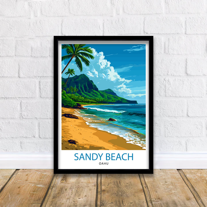 Sandy Beach Oahu Print Hawaiian Shoreline Art Oahu Beach Poster Hawaii Surf Wall Decor Pacific Ocean View Illustration Tropical Island