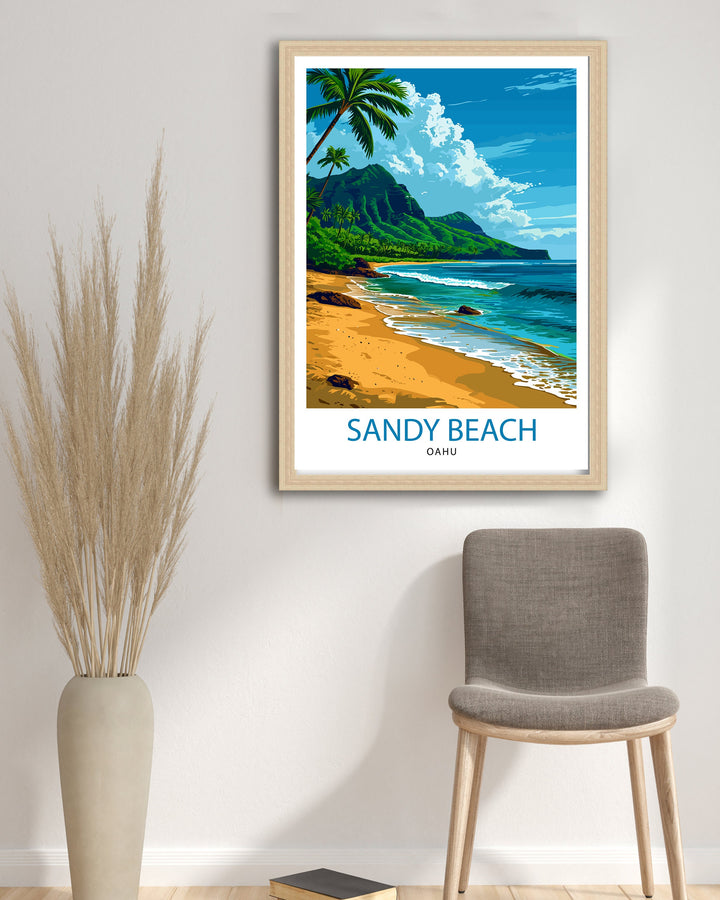 Sandy Beach Oahu Print Hawaiian Shoreline Art Oahu Beach Poster Hawaii Surf Wall Decor Pacific Ocean View Illustration Tropical Island