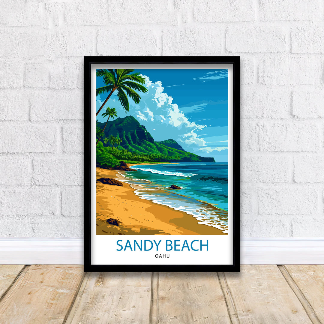 Sandy Beach Oahu Print Hawaiian Shoreline Art Oahu Beach Poster Hawaii Surf Wall Decor Pacific Ocean View Illustration Tropical Island