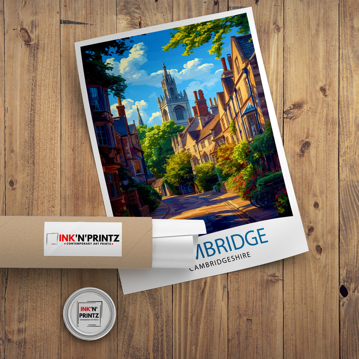 Cambridge UK Poster Historic University City Art River Cam Poster English Architecture Wall Decor Scholarly Town Illustration British