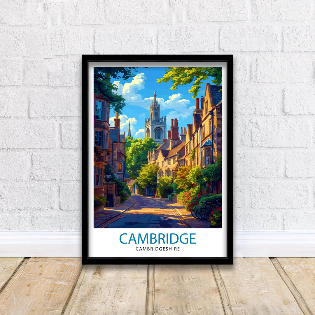 Cambridge UK Poster Historic University City Art River Cam Poster English Architecture Wall Decor Scholarly Town Illustration British