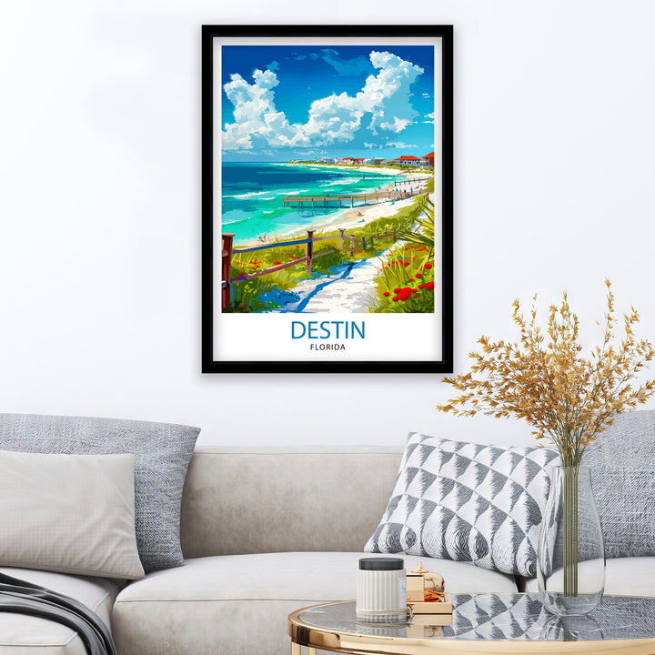 Destin Florida Print Emerald Coast Art White Sand Beach Poster Gulf of Mexico Wall Decor Florida Panhandle Illustration Coastal Town Artwork