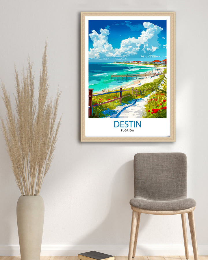 Destin Florida Print Emerald Coast Art White Sand Beach Poster Gulf of Mexico Wall Decor Florida Panhandle Illustration Coastal Town Artwork