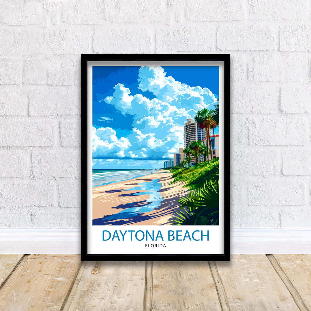 Daytona Beach Florida Print Famous Beach Art Daytona Speedway Poster Florida Coastline Wall Decor Atlantic Ocean Illustration Sunshine