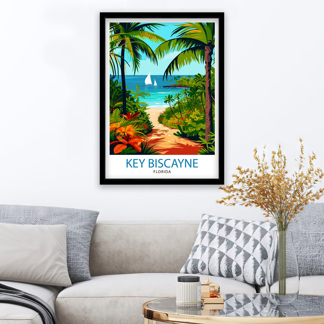 Key Biscayne Florida Print Tropical Island Art Miami Beach Poster Coastal Paradise Wall Decor Florida Keys Illustration Seaside Resort