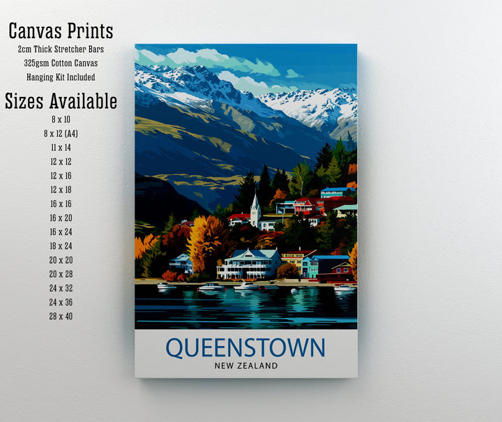 Queenstown New Zealand Print Adventure Capital Poster Lake Wakatipu Wall Art Remarkables Mountain Decor Kiwi Travel Illustration Outdoor