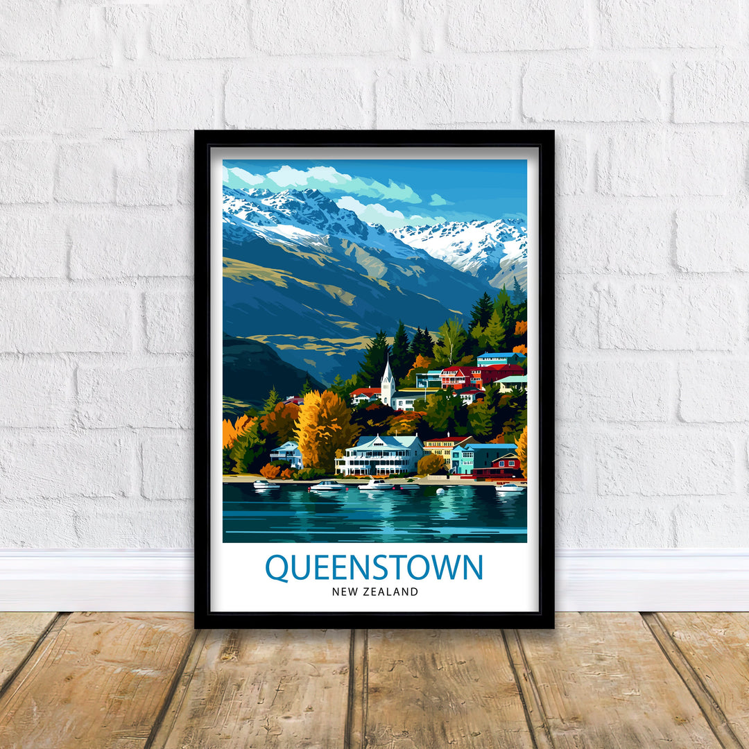 Queenstown New Zealand Print Adventure Capital Poster Lake Wakatipu Wall Art Remarkables Mountain Decor Kiwi Travel Illustration Outdoor