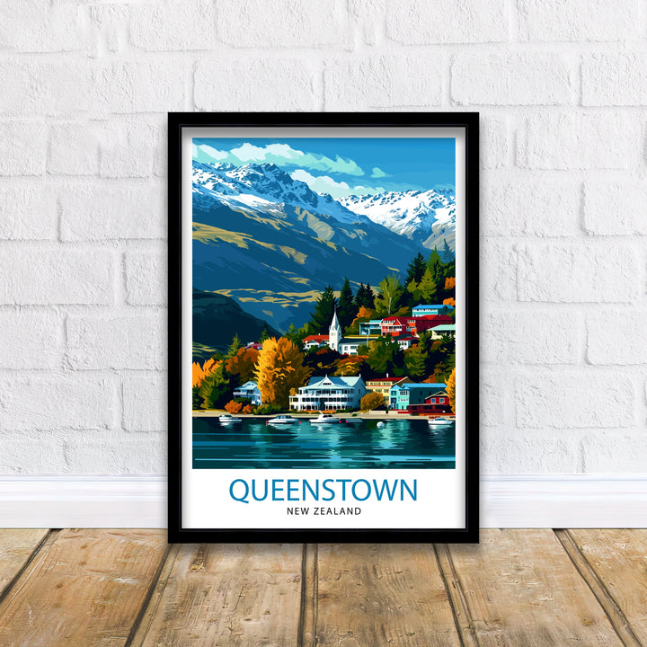 Queenstown New Zealand Print Adventure Capital Poster Lake Wakatipu Wall Art Remarkables Mountain Decor Kiwi Travel Illustration Outdoor