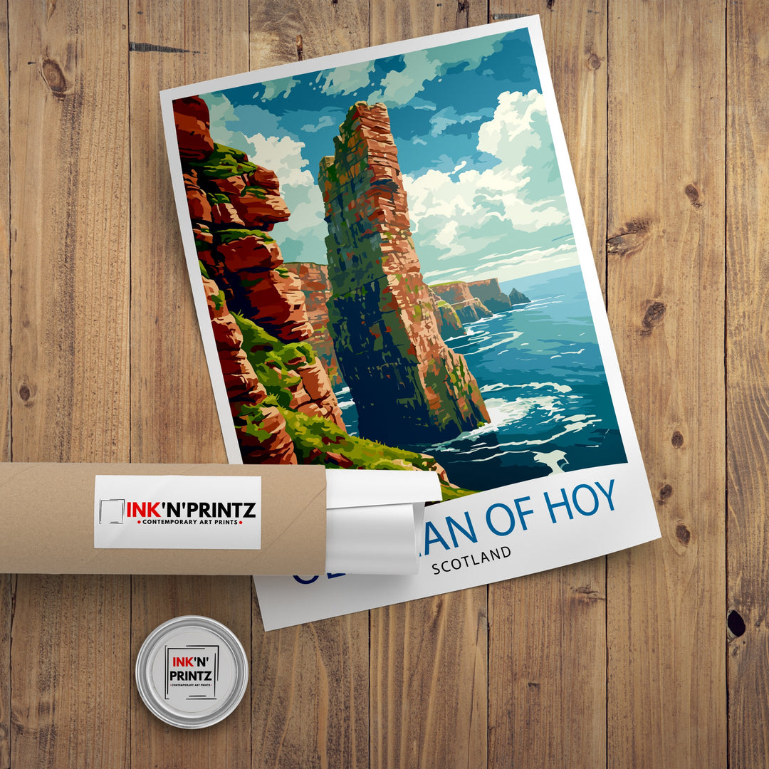 Old Man of Hoy Scotland Poster Iconic Sea Stack Art Orkney Islands Poster Scottish Coastline Wall Decor Natural Landmark Illustration UK