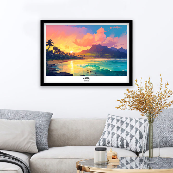 Kauai Hawaii Print Tropical Island Art Garden Isle Poster Hawaiian Paradise Wall Decor Kauai Landscape Illustration Pacific Ocean Scenery