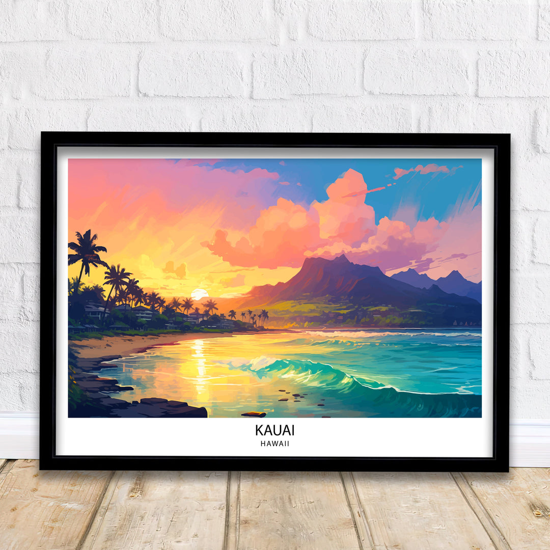 Kauai Hawaii Print Tropical Island Art Garden Isle Poster Hawaiian Paradise Wall Decor Kauai Landscape Illustration Pacific Ocean Scenery