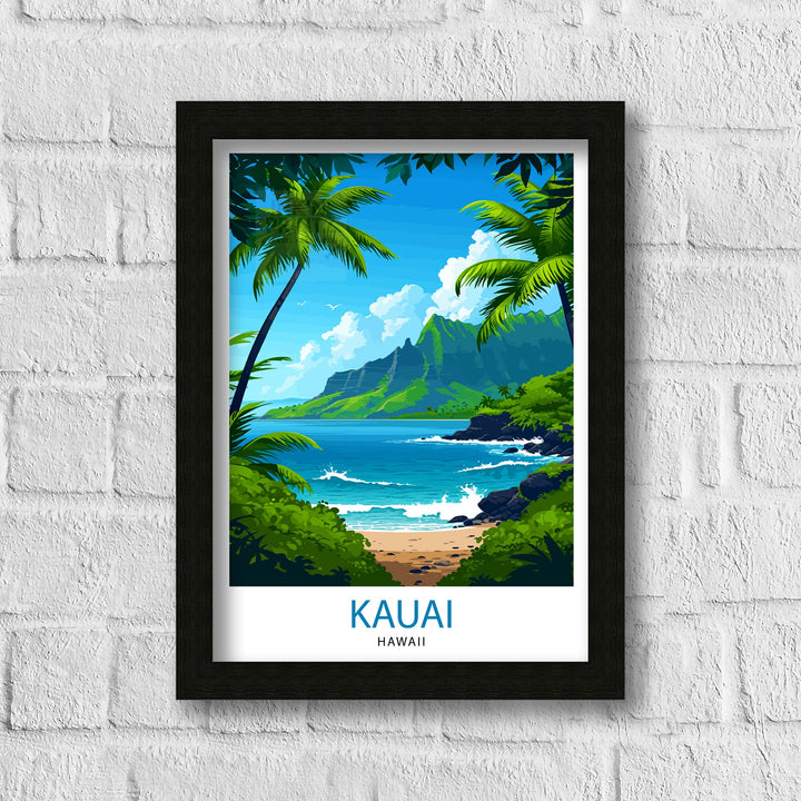 Kauai Hawaii Print Tropical Island Art Garden Isle Poster Hawaiian Paradise Wall Decor Kauai Landscape Illustration Pacific Ocean Scenery