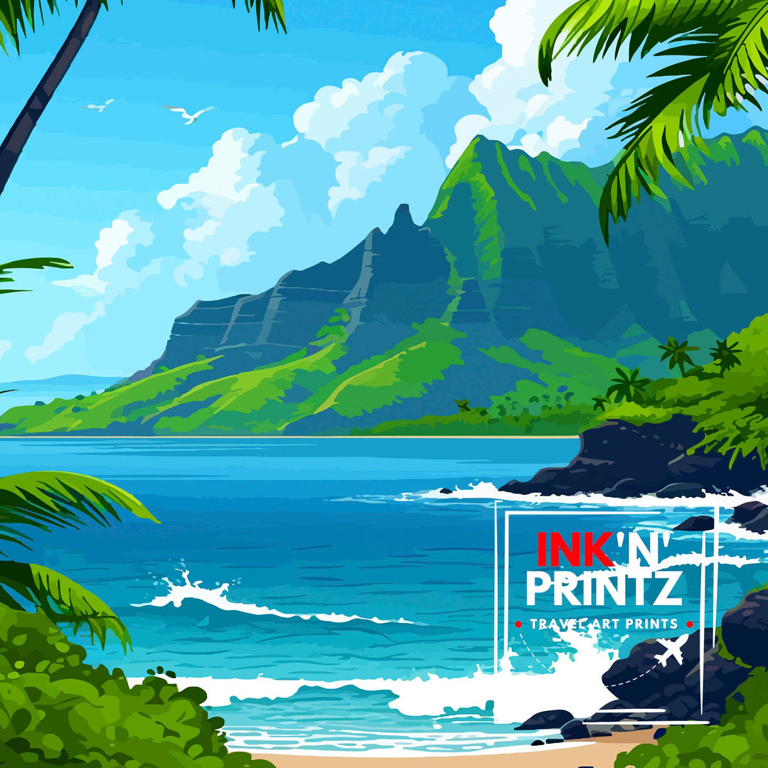 Kauai Hawaii Print Tropical Island Art Garden Isle Poster Hawaiian Paradise Wall Decor Kauai Landscape Illustration Pacific Ocean Scenery