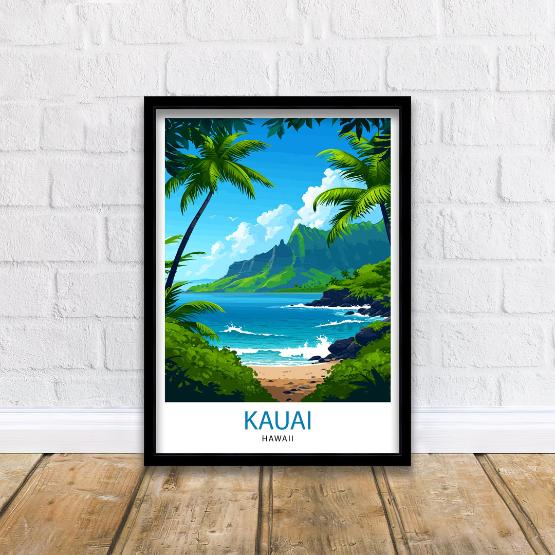 Kauai Hawaii Print Tropical Island Art Garden Isle Poster Hawaiian Paradise Wall Decor Kauai Landscape Illustration Pacific Ocean Scenery