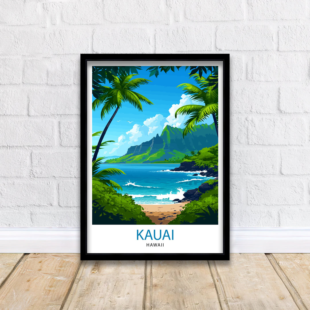 Kauai Hawaii Print Tropical Island Art Garden Isle Poster Hawaiian Paradise Wall Decor Kauai Landscape Illustration Pacific Ocean Scenery