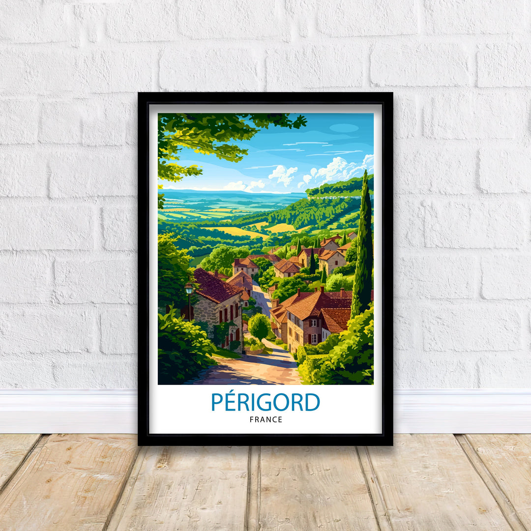 Perigord Noir France Print Dordogne Valley Art Medieval Village Poster French Countryside Wall Decor Historic Chateaux Illustration