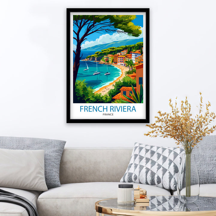 French Riviera Print Côte d'Azur Art Mediterranean Coastline Poster Luxury Seaside Resort Wall Decor Southern France Illustration