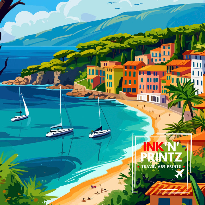 French Riviera Print Côte d'Azur Art Mediterranean Coastline Poster Luxury Seaside Resort Wall Decor Southern France Illustration